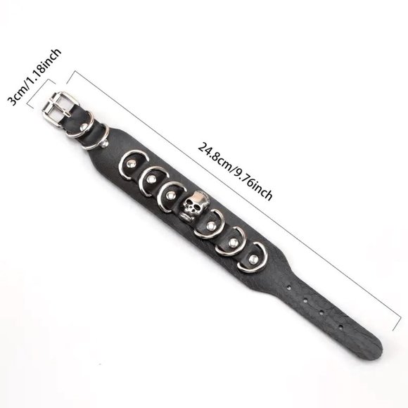 Leather Skull Cuff Bracelet Wrist Rivets Rings Bangle Punk Edgy Rock Biker Scene - Picture 4 of 4